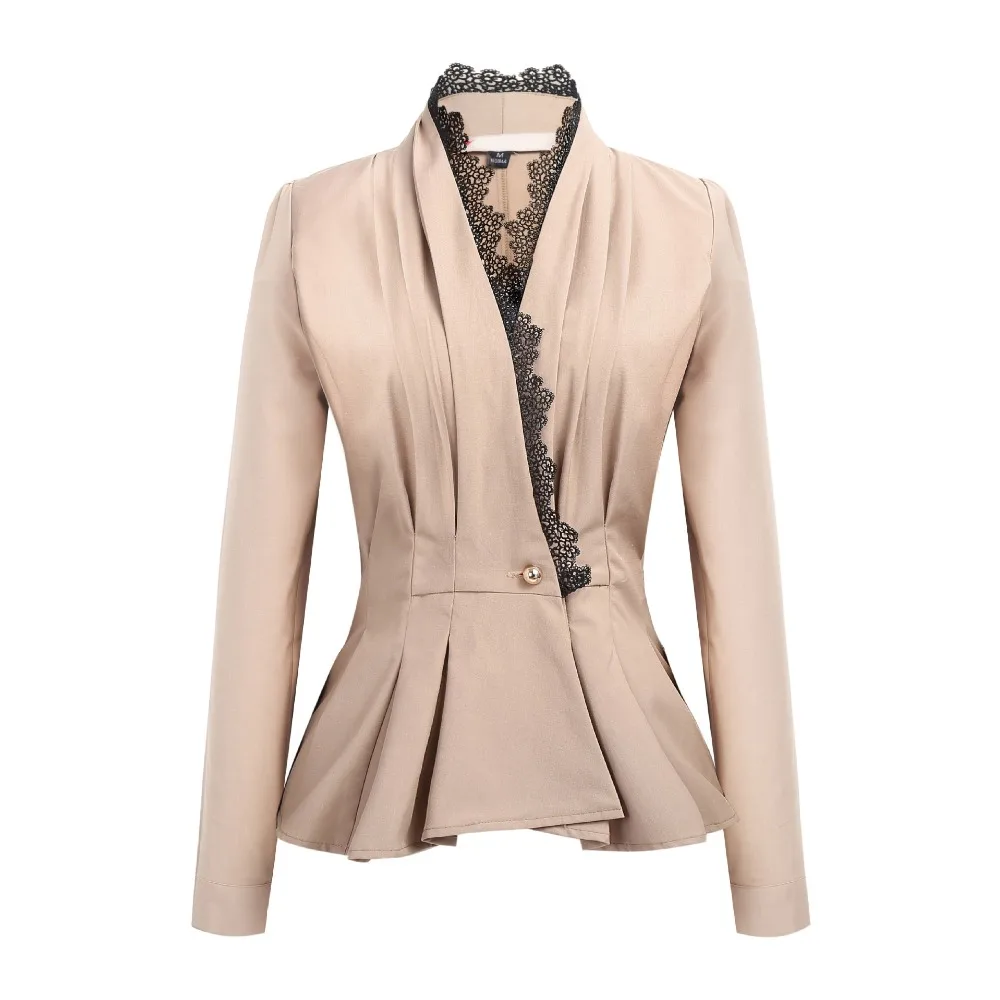 Женский офисный пиджак с длинным рукавом v-образным вырезом двойным кружевом и