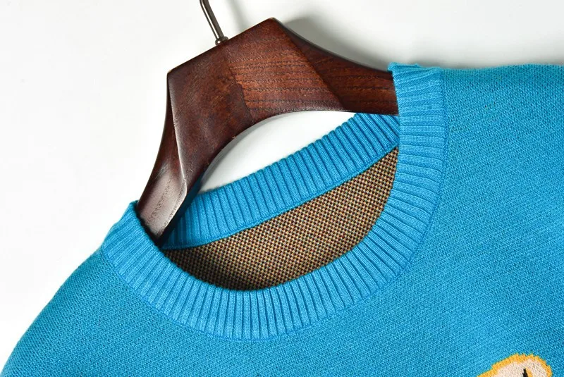 Runway Pullover Bright Blue Cute Pig Pattern Sweet Knitted Sweater O-neck Long Sleeve Fashion Elegant Jumper | Женская одежда