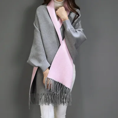 gray pink Женское зимнее пончо с кисточками на рукавах, шали и накидки для дам, шаль из пашмины, зимний шарф, палантины, теплое плотное Женское пальто - Цвет: gray pink