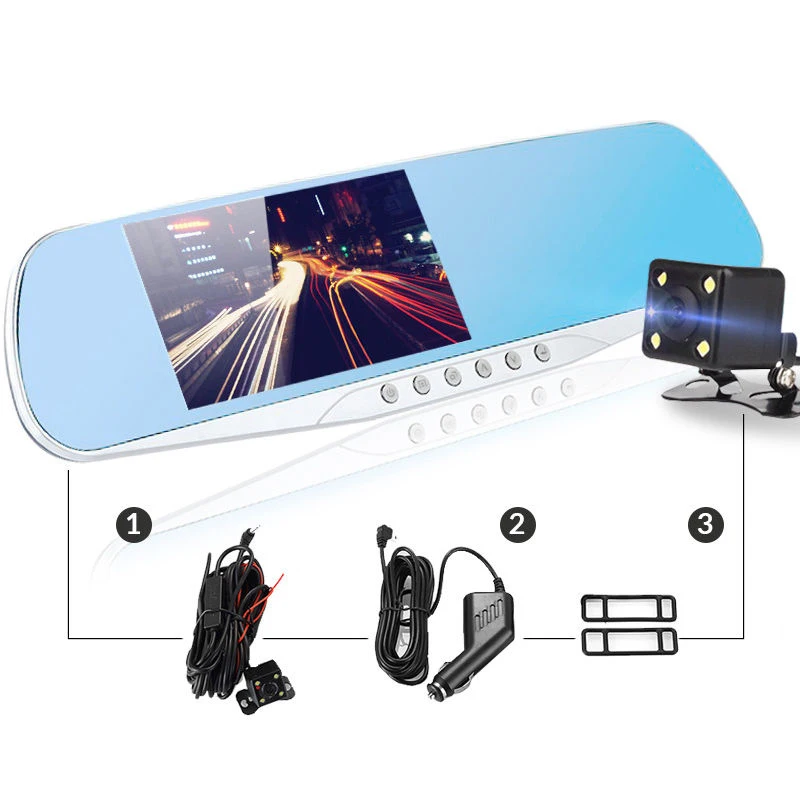 4 3 ''двойной объектив HD Автомобильный dvr синий зеркало заднего вида Цифровая