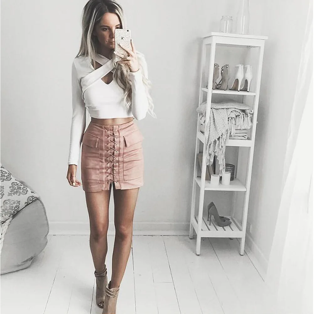 90`s High Waist Vintage Tight Suede Lace Up Skirt Autumn Winter Thick Pencil Preppy Mini Zipper split short | Женская одежда
