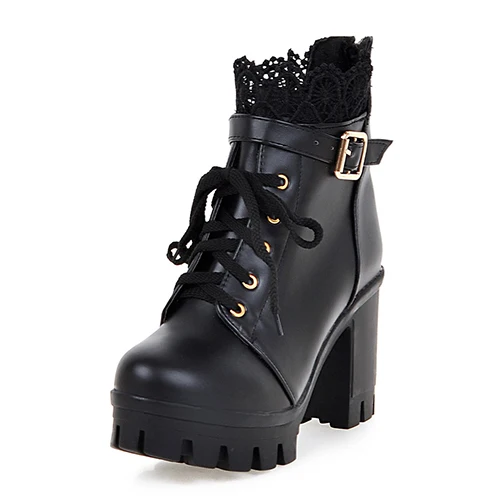 black shoes Gdgydh/ г. Весенние ботильоны женские ботинки на Высоком толстом каблуке пикантная женская обувь на платформе со шнуровкой и круглым носком Большие размеры 34-43 - Цвет: black shoes