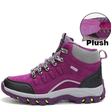 Purple with plush Пара походных ботинок для мужчин и женщин; водонепроницаемые походные ботинки; теплые ботинки с высоким берцем для альпинизма; походная обувь; обувь для охоты - Цвет: Purple with plush