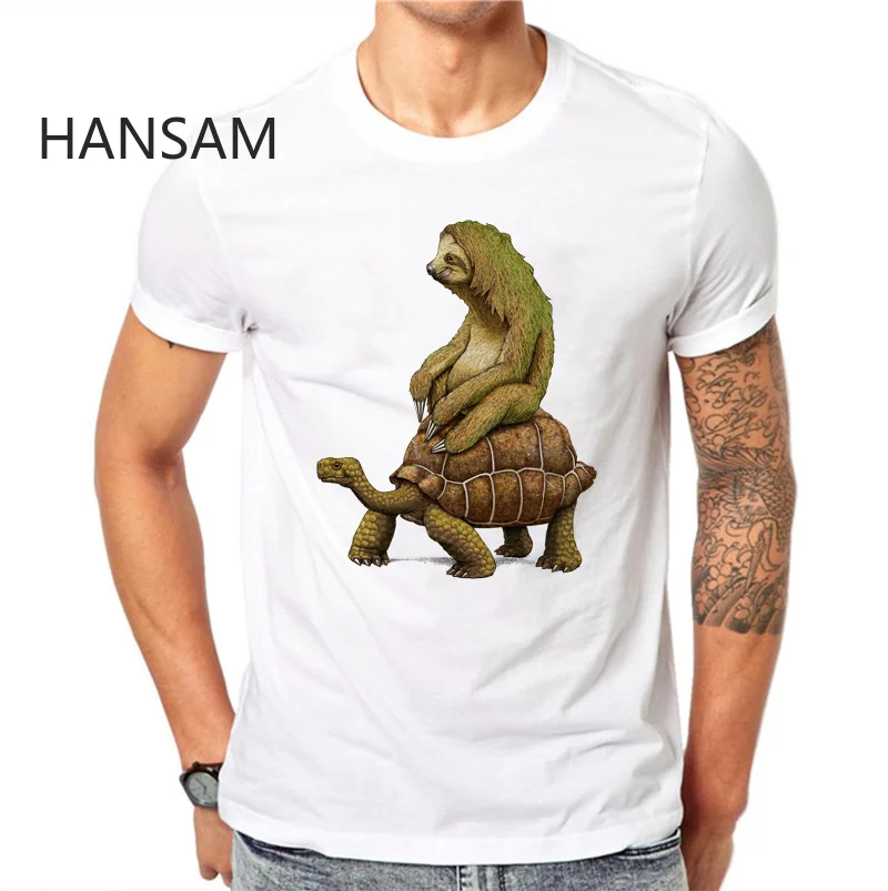 Funny Sloth Sea Turtle Men T Shirts Fashion Casual Tops Animal Printed T-Shirt White Tee Short Sleeve Plus Size 3XL | Мужская одежда