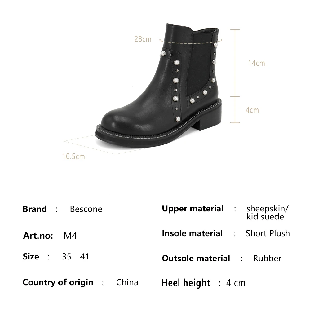 

BESCONE New Genuine Leather Women Ankle Boots Round Toe String Bead Casual Shoes Autumn Winter Warm Short Plush Ladies Boots M77