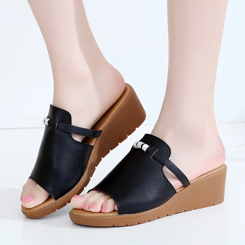 Qiannml Med Heels Women's Wedges Slides Summer Split Leather Shoes 2021 Rhinestone Platform Slippers Woman Plus Size Shoe | Обувь