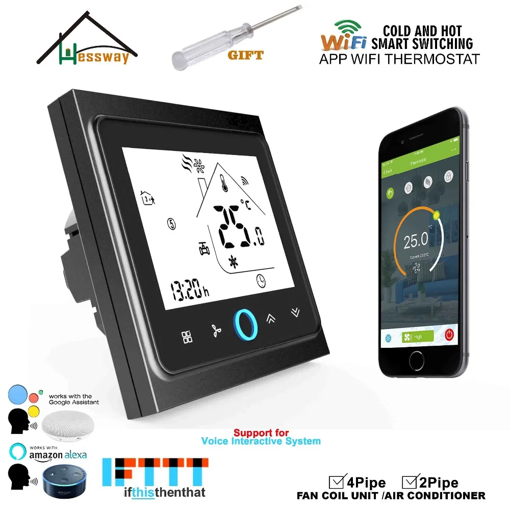 HESSWAY 2P4P охлаждающий нагревательный Вентилятор катушка wifi термостат регулировка для интегрированной с Amazon Echo, Google Home, Tmall Genie, IFTTT