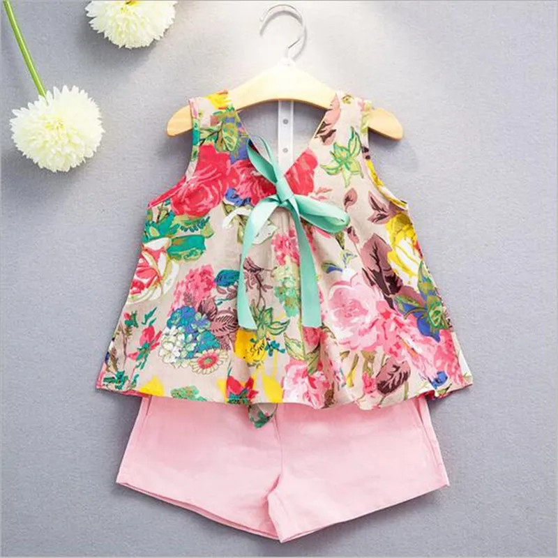 Новинка 2017 года летний детский топ на бретелях с цветочным принтом и шорты для