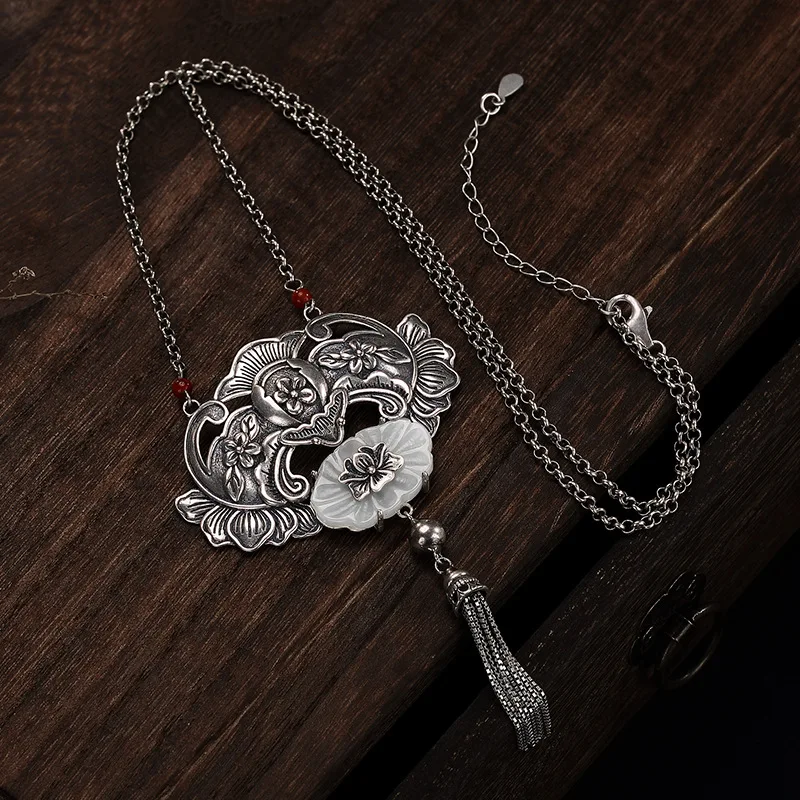 

2018 Time-limited Ammonite,ammolite New S925 Pure Antique Mosaic And Tian Yu Lotus Tassel Lady High-end Pendant Chain Wholesale