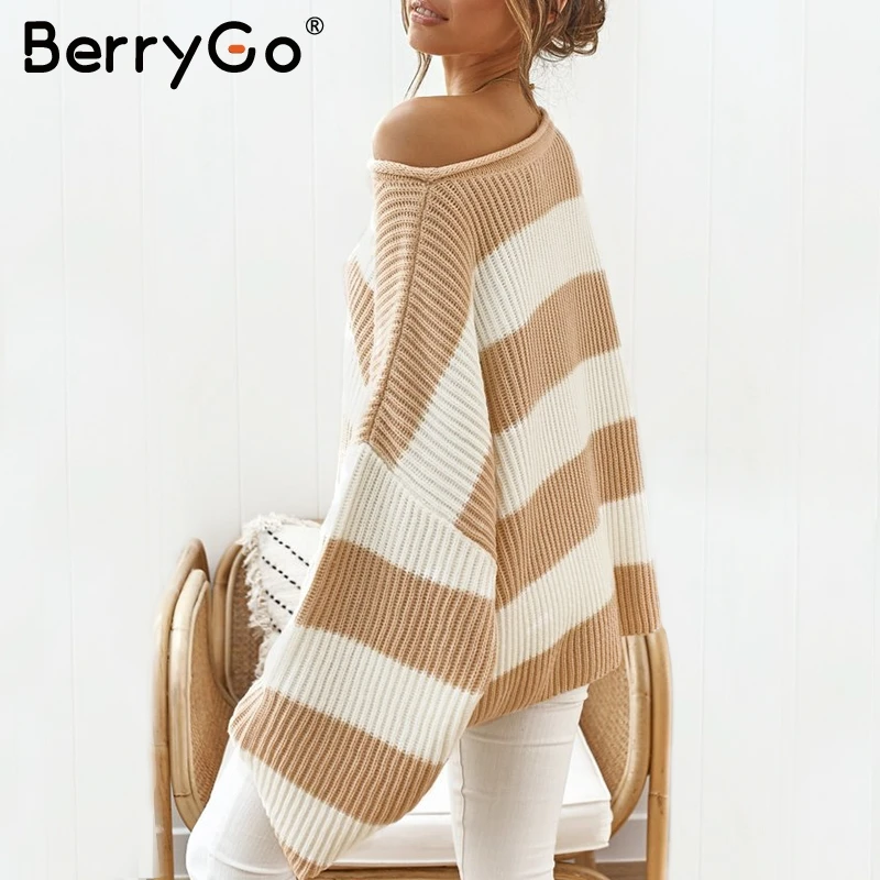 BerryGo Casual striped knitted sweater women O neck thick pullover female jumper Loose soft streetwear wool winter | Женская одежда