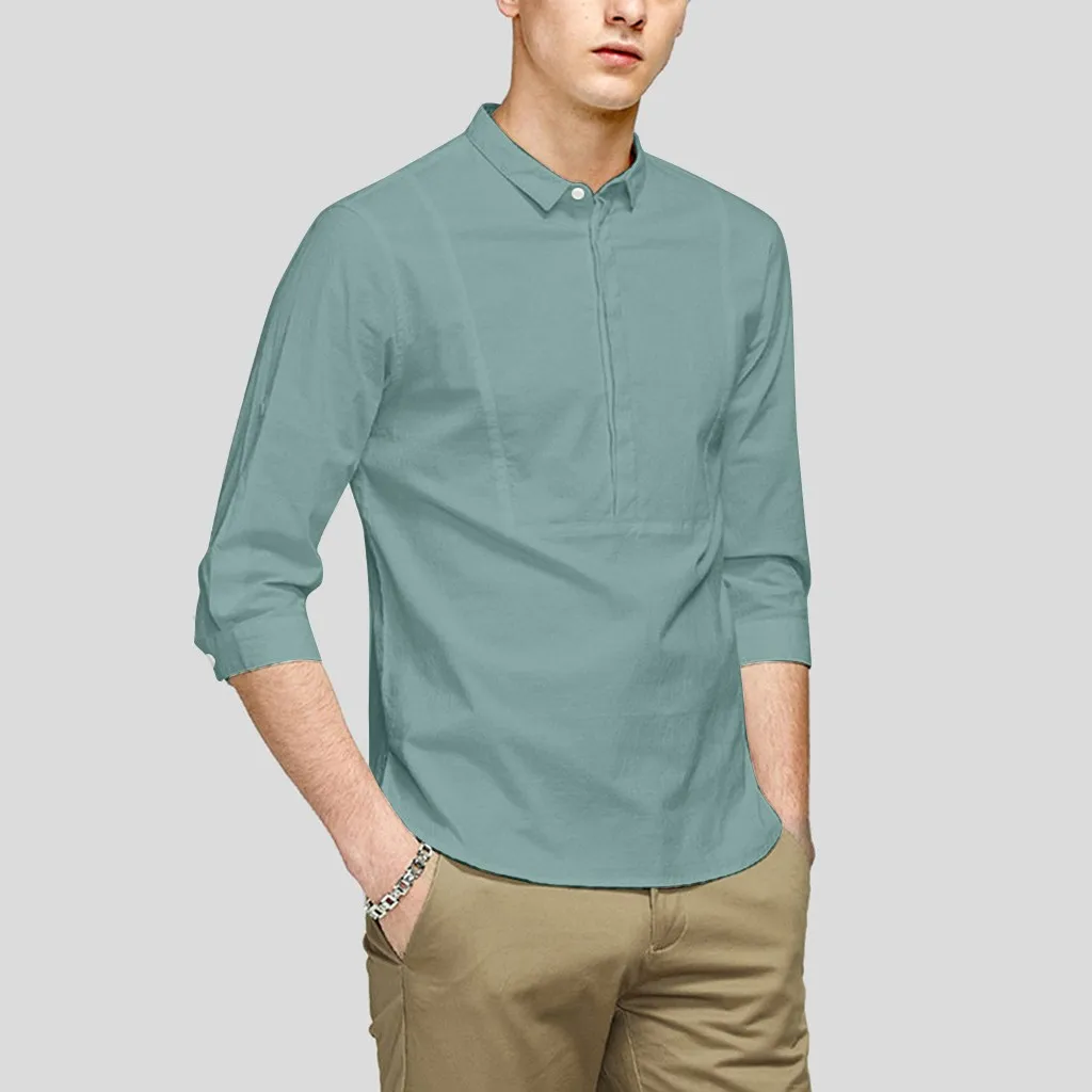 2019 New Fashion Summer Smart Casual Botton Shirt 3/4 Sleeve Lapel Loose Solid Cotton | Мужская одежда