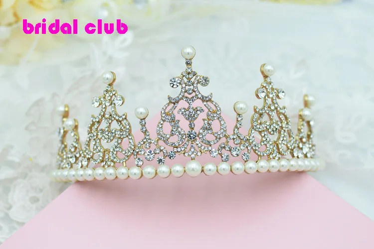 gold HIMSTORY негабаритных принцесса свадебные волосы Корона Свадебные Стразы Диадема из хрусталя и жемчуга волос головной убор Корона - Окраска металла: gold