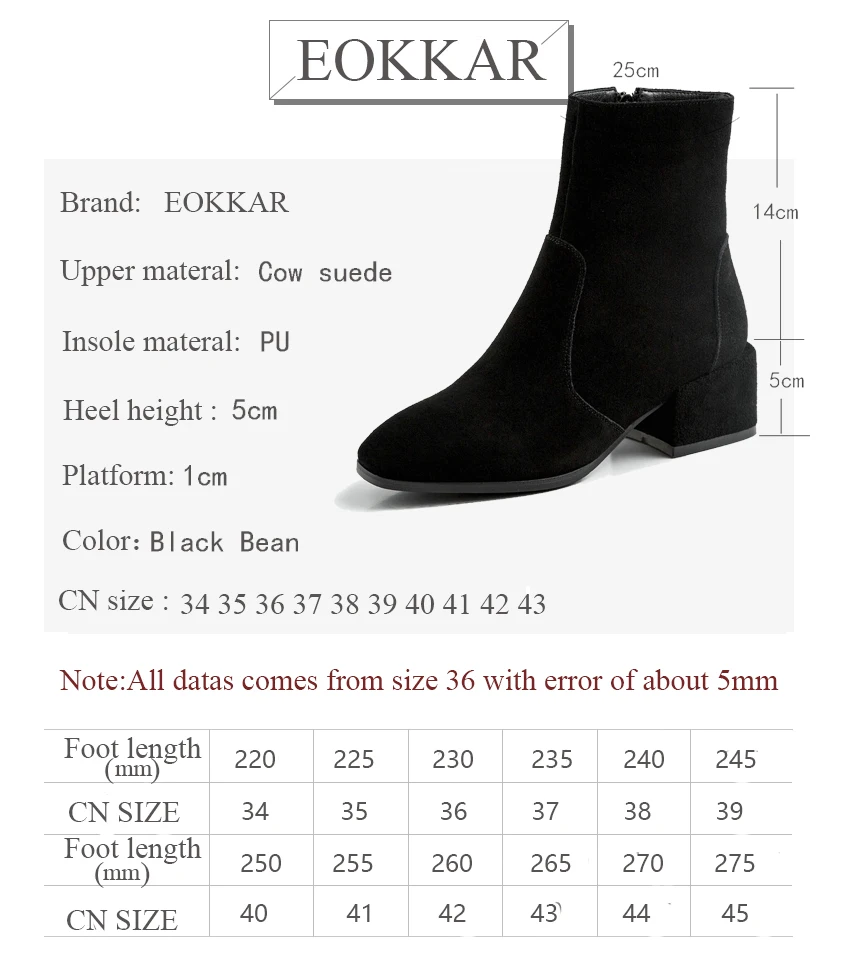 

Eokkar 2020 Women Ankle Boots Cow Suede Quare High Heel Zipper All Match High Quality Square Toe Winter Boots Big Size 34-39