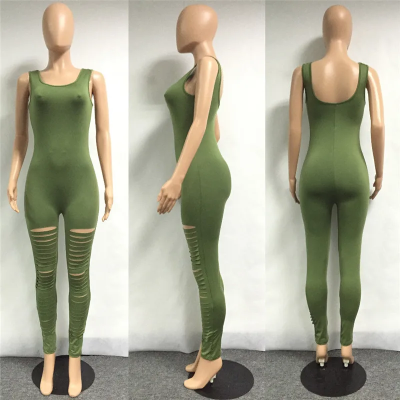 Новинка 2018 женский комбинезон без рукавов Модный с рваными отверстиями