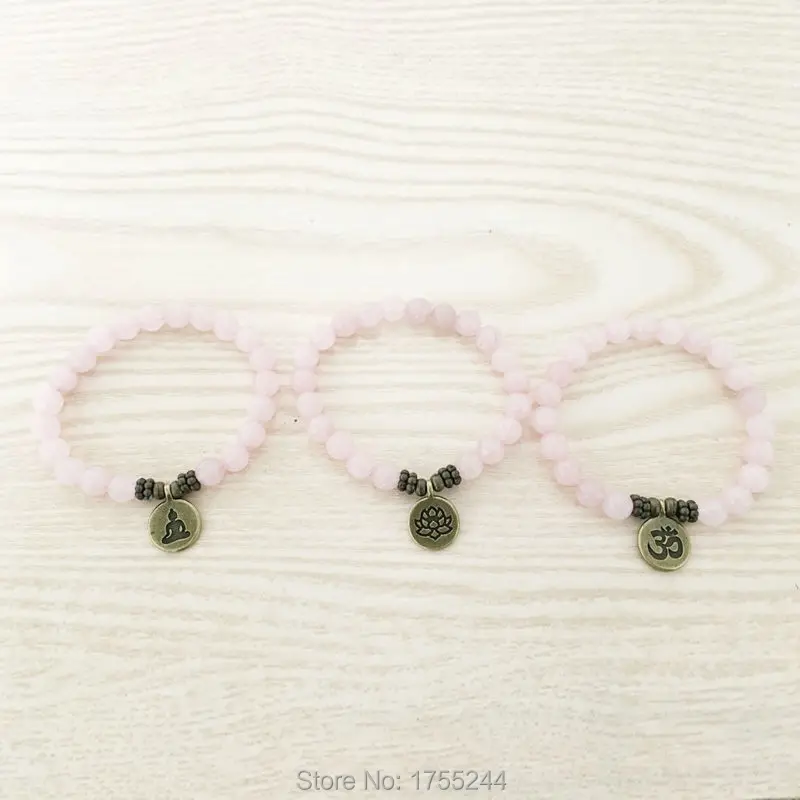 SN1107 AAA Браслет из натурального розового камня античная латунь Ом Будда лотоса