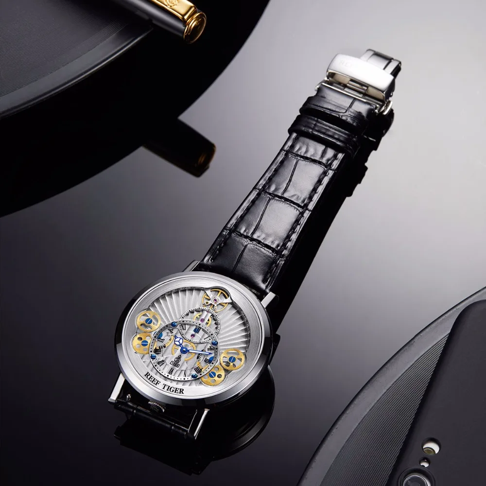 

Reef Tiger/RT Designer Skeleton Watches for Men Genuine Leather Strap Quartz Watches Gear Wheel RGA1958
