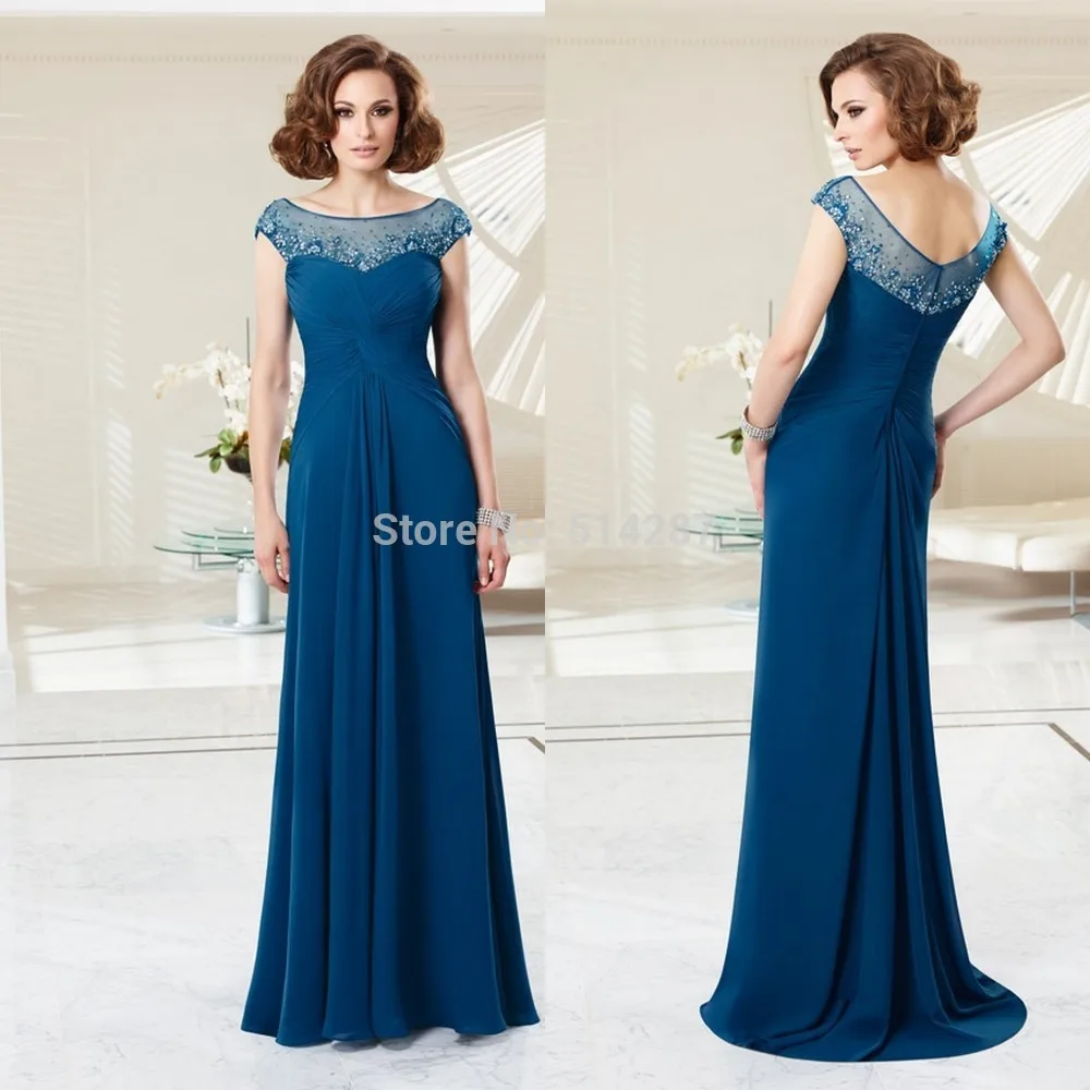 Vestido De Madrinha Elegant Chiffon Blue A-Line Sequined Cap Sleeve Evening Dress Mother Of the Bride Dresses 2014 New Arrival | Свадьбы и