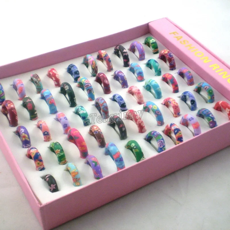 

Wholesale 50pcs Mixed Polymer Clay Rings, 6mm Width Kid's Ring Free Shipping
