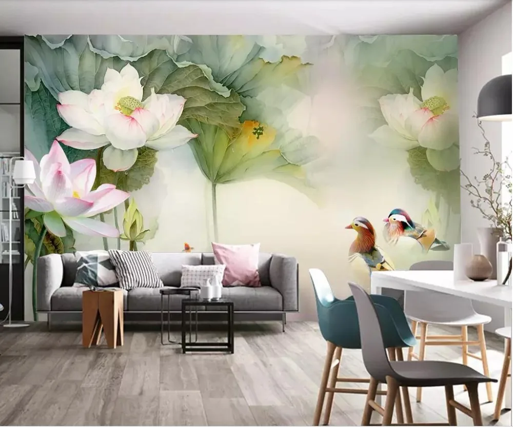 3d photo wallpaper custom mural Pond lotus leaf mandarin duck background wall home decor murals for walls 3 d | Обустройство дома