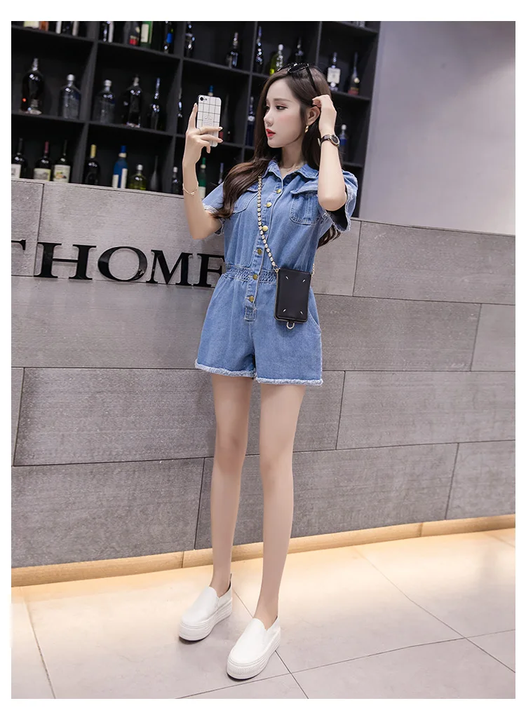 New Summer Wide Leg Jumpsuit Shorts Casual Short Sleeve Denim Rompers Loose Women Playsuit Blue Button Jeans Overalls Femme