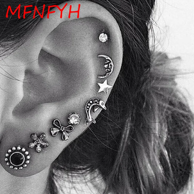 MFNFYH минималистичные милые животные Луна Звезда Винтажные серьги-гвоздики