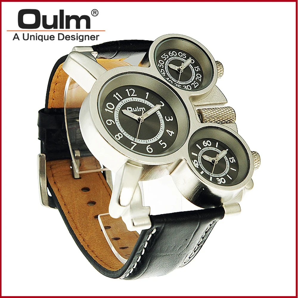 

Mens Watches Oulm Top Brand Luxury Military Quartz-watch 3 Time Zones Leather Strap Male Wristwatch Relojes Hombre
