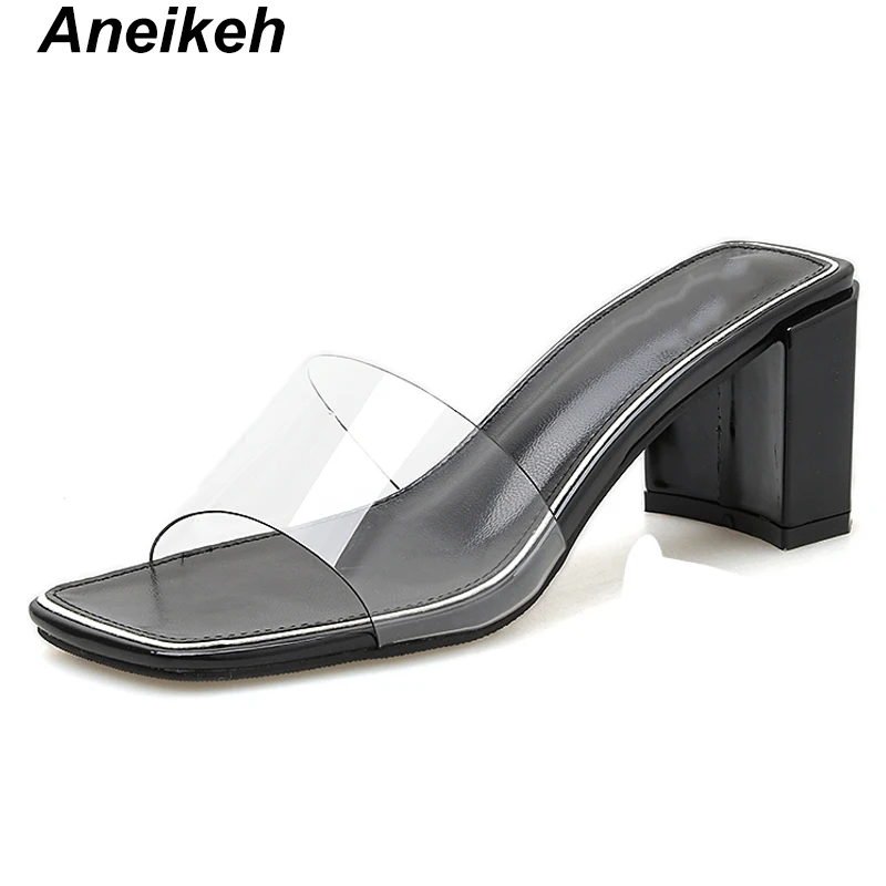 Aneikeh/Новинка г.; Летние прозрачные женские шлепанцы для отдыха из ПВХ; повседневные туфли на высоком квадратном каблуке с открытым носком; цвет черный, белый; Размер 39