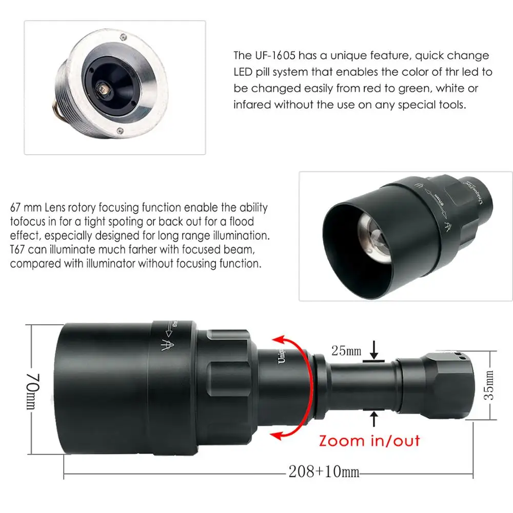 UniqueFire 1605 USB перезаряжаемая светодиодная вспышка T67 XRE белый/зеленый/красный свет 67