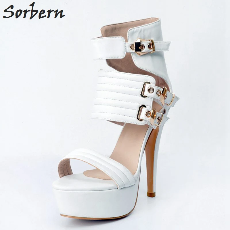 

Sorbern White Women Sandals Spike Heels PU Buckle Strap Sandalias Mujer 2018 Sandals Women Summer Luxury Shoes Women Designers