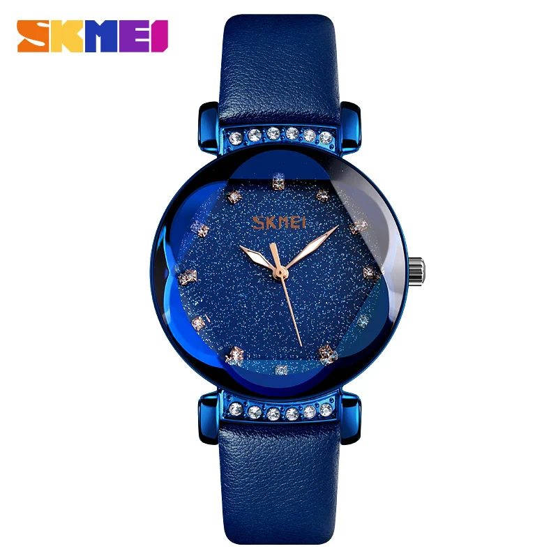 blue leather SKMEI модные роскошные женские хрустальные часы водостойкие розовое золото Сталь сетки кварцевые для женщин часы Лидирующий бренд часы Relogio Feminino - Цвет: blue leather