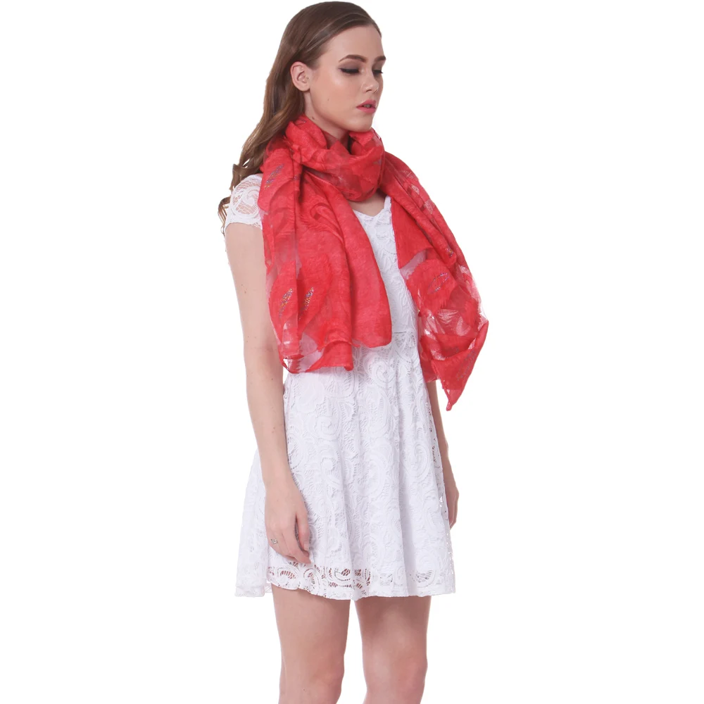 

Fashion Silk Shawl Spring Summer Scarf Winter Autumn Wrap Hijab Stole Top Quality Soft Beachwear Lurex Peacock Plume Luxury Red