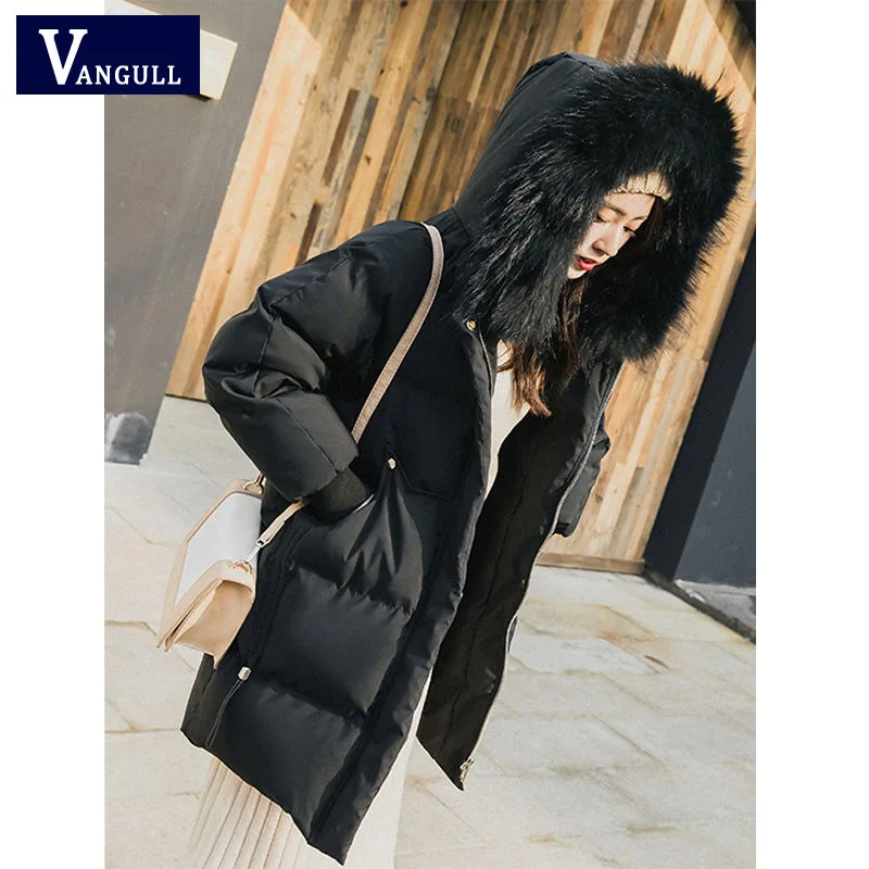 VANGULL Elegant Fur Collar Coat New Winter Thick Jacket Women Long Down cotton Parkas Female Warm Hooded Jacket Coat