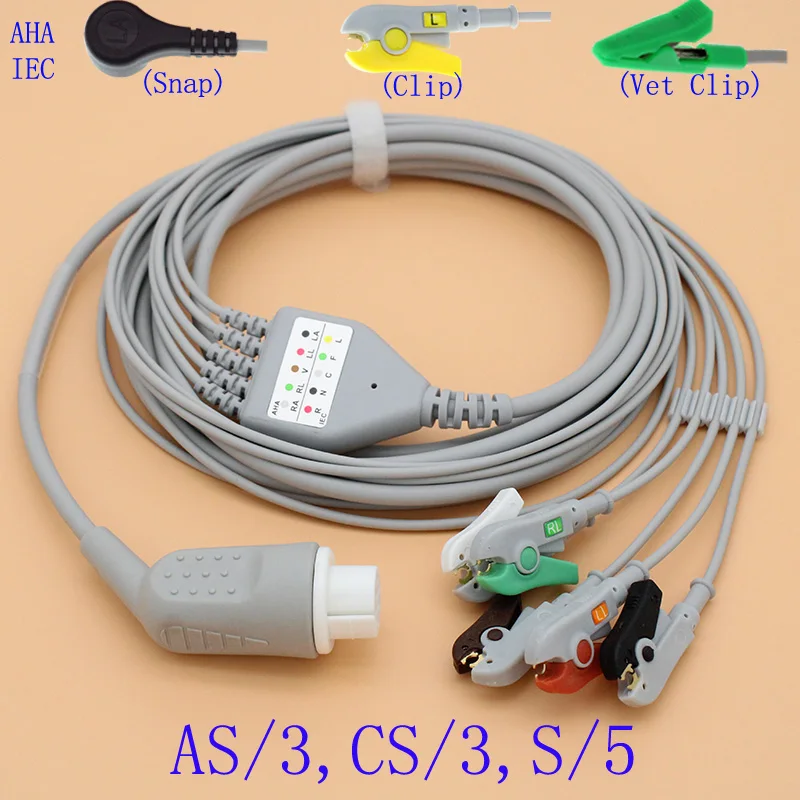 10-контактный кабель ECG EKG с 5 выводами и электродный leadwire для Datex AS/3 CS/3 S/5 Cardiocap 1/2/5