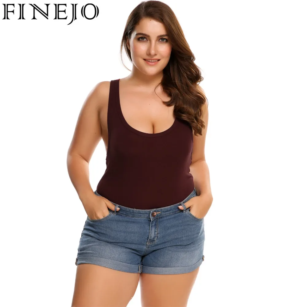 FINEJO Women's Sleeveless Solid Slim Fit One Piece Bodysuit Plus Size 2018 Camiseta Tops Blusa Spring summer Mono mono | Женская
