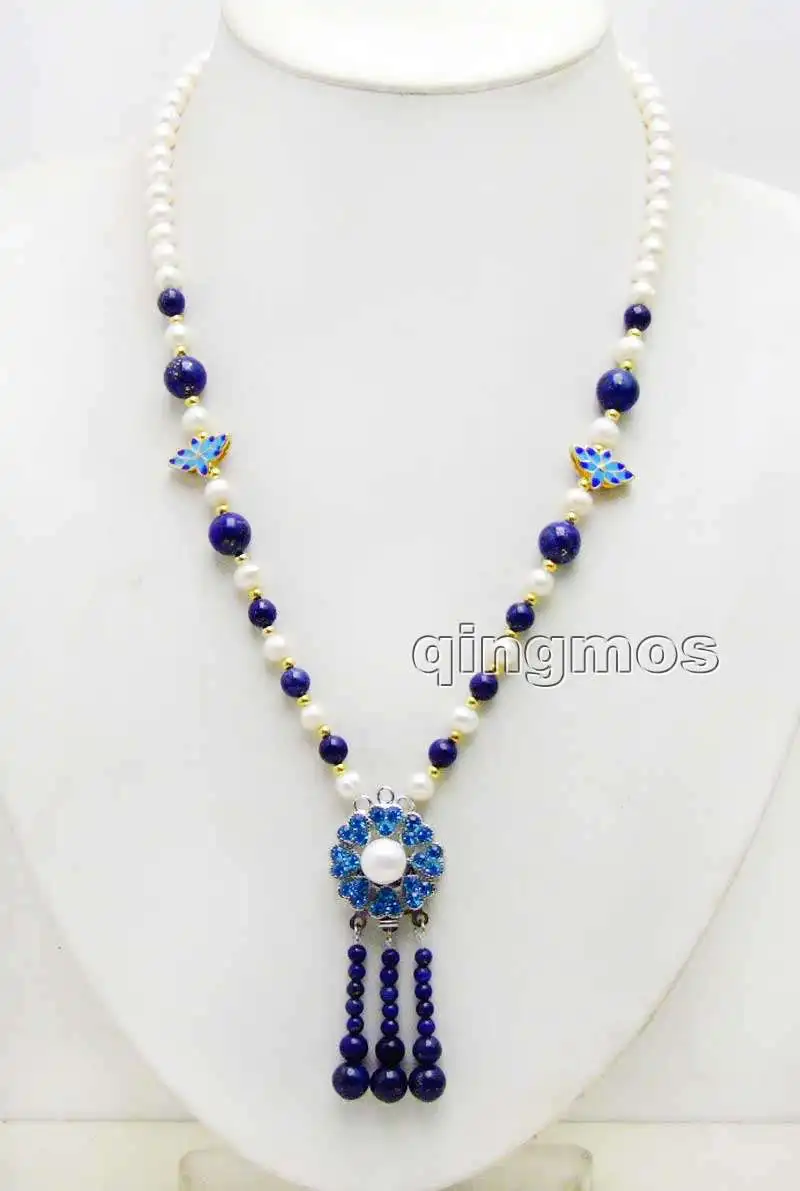 Продажа 6-7 мм белый круглый натуральный жемчуг и Синий Лазурит 25 синий кулон 20