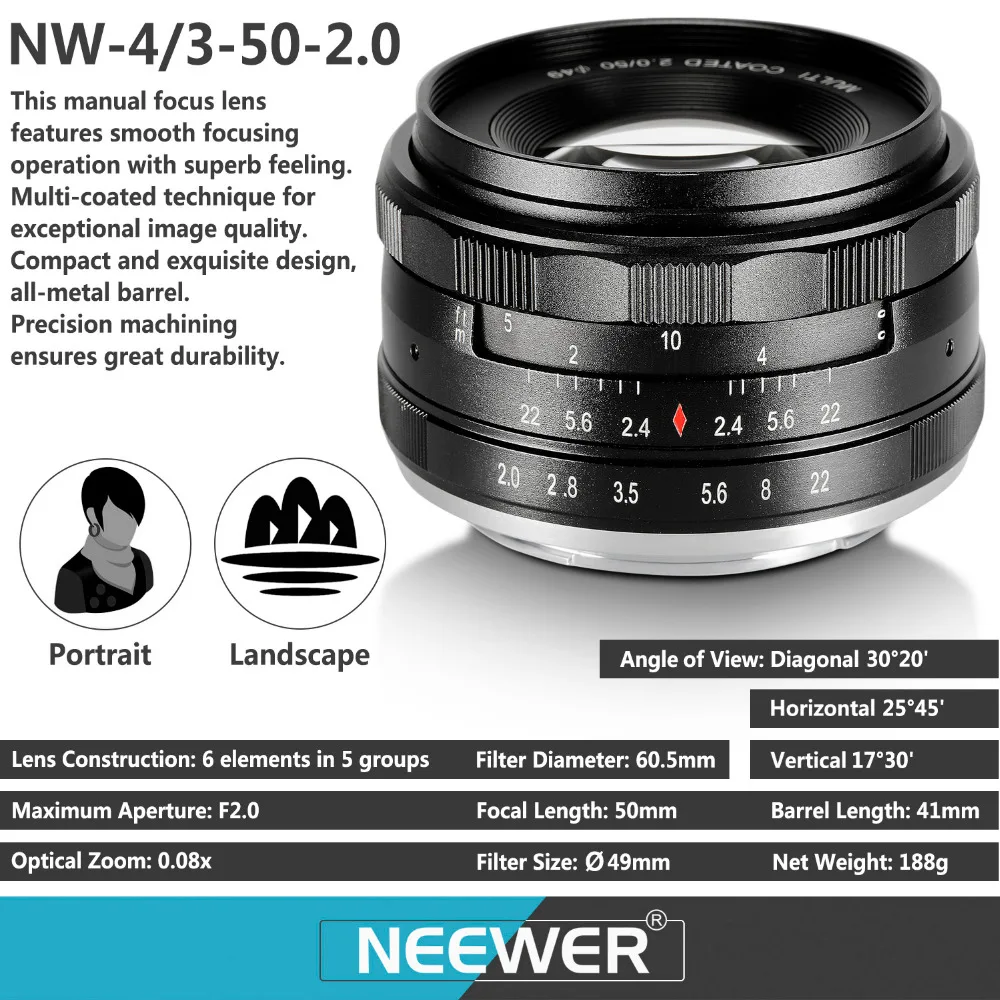 Neewer 50 мм f/2 0 ручной фокус Prime фиксированный объектив для цифровых камер OLMPUS/PANASONIC
