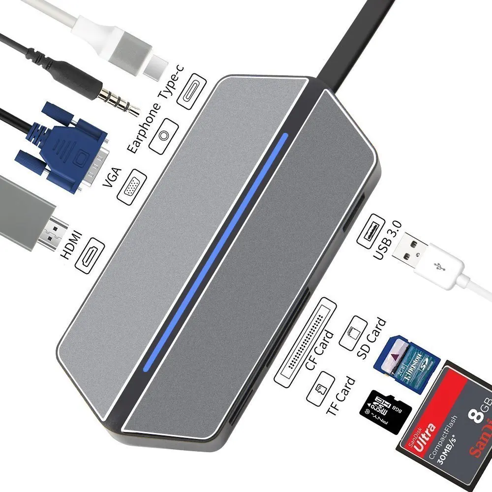 USB-C концентратора 8 в 1 многопортовый Тип C адаптер с HDMI VGA Выход USB 3.0 и 3.5 мм аудио JACK