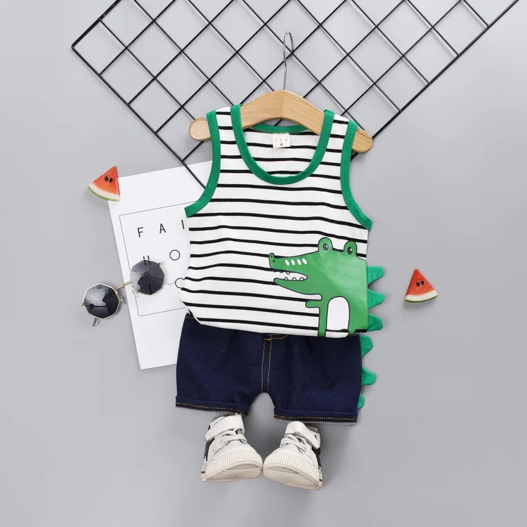 Синий Toddler Boy Clothes Children's Summer New Cartoon Pullover Vest Shorts Two-piece Boy's Children's Sleeveless Vest Suit - Цвет: Синий