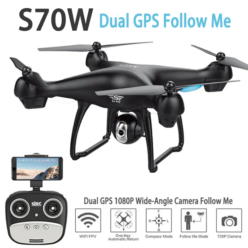 S70W Dual CPS Follow Me RC Drone with HD Adjustable Wide-Angle Camera WIFI FPV GPS Auto Return Quadcopter Helicopter Dron | Игрушки и