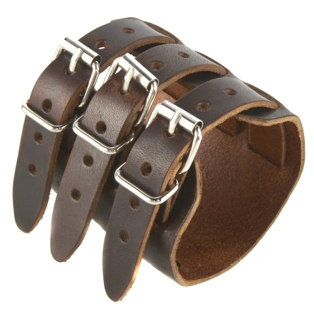 HZMAN Mens Leather Wide Triple Strap Cuff Wrap Gauntlet Wristband Buckle Fastening Arm Armor | Украшения и аксессуары