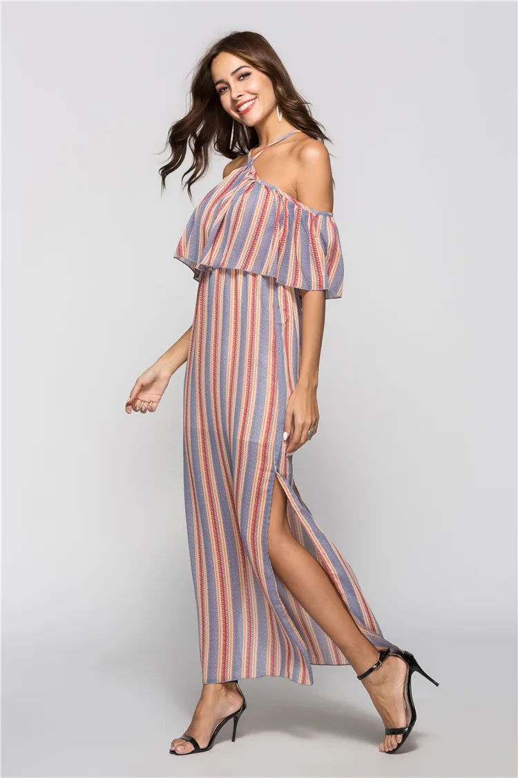 Женское шифоновое платье макси в полоску длинное пляжное с оборками и разрезом