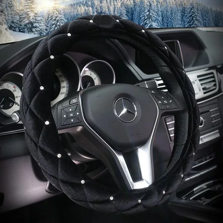 steering cover Шикарный горный хрусталь Автомобильная подушка для шеи зимняя плюшевая кристальная Авто подголовник Подушка для талии Поддержка Подушка автокресла крышка автомобильные аксессуары - Цвет: steering cover