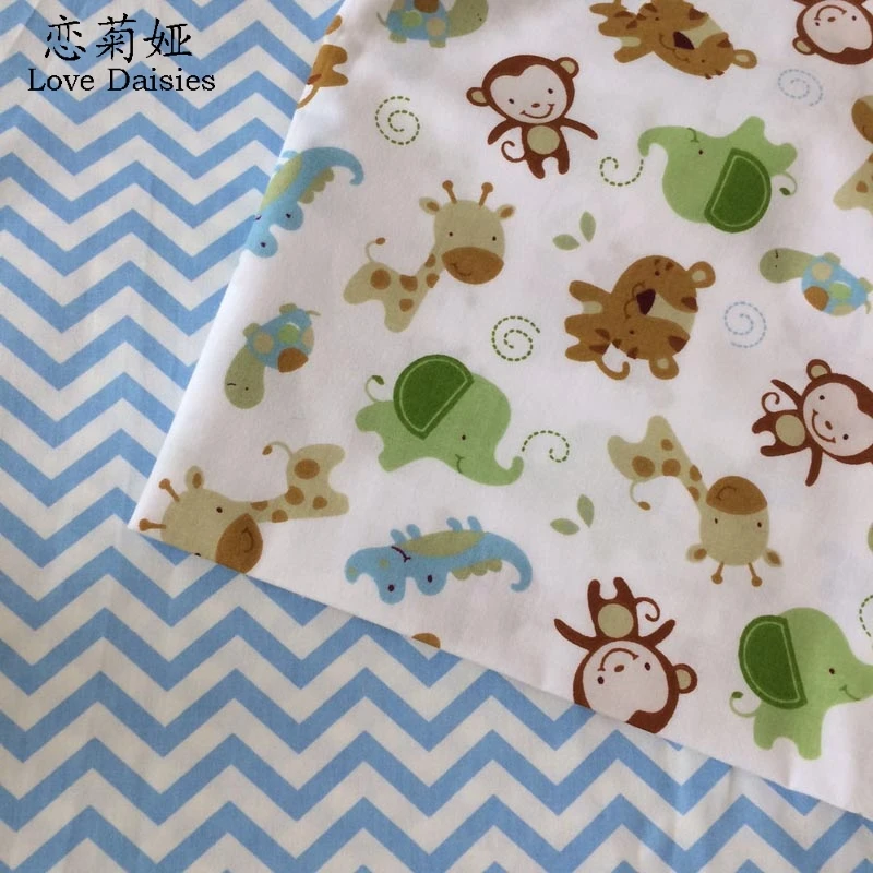 

100% cotton twill cloth cartoon animals monkey blue zigzag fabrics for DIY kids bedding handwork clothes quilting tissue textile