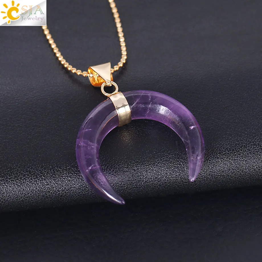 Amethyst Necklace CSJA натуральные камни полумесяц лунные Ожерелья Подвески Фиолетовый Кристалл розовый кварц белый камень золото цвет рейки женские ювелирные изделия F306 - Окраска металла: Amethyst Necklace