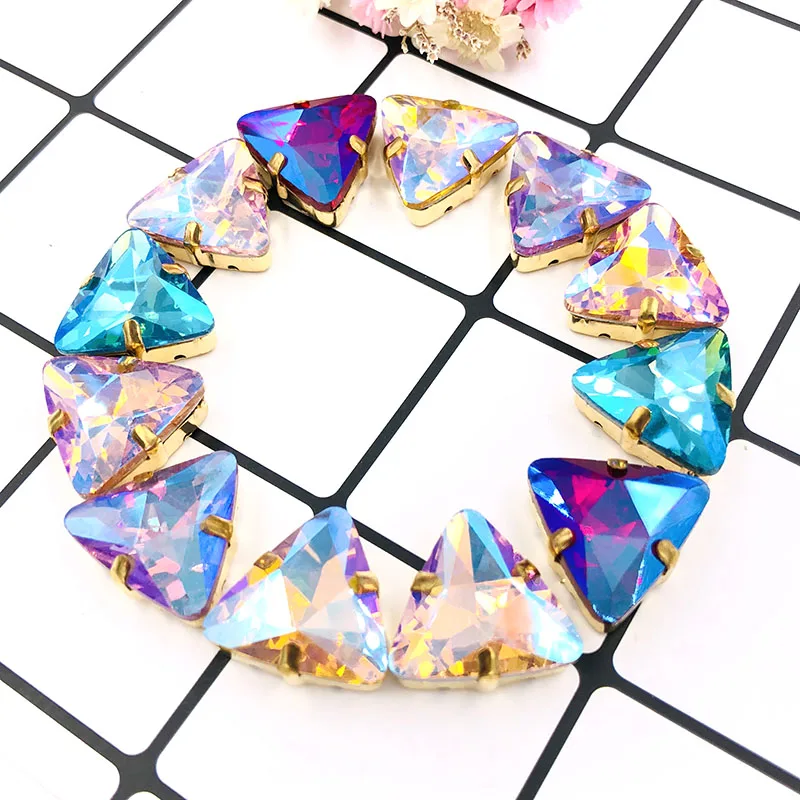 18mm 10pcs triangle shape crystal Glass flatback sew on rhinestones with claw gold base loose rhinestone for DIY Accessories | Дом и сад