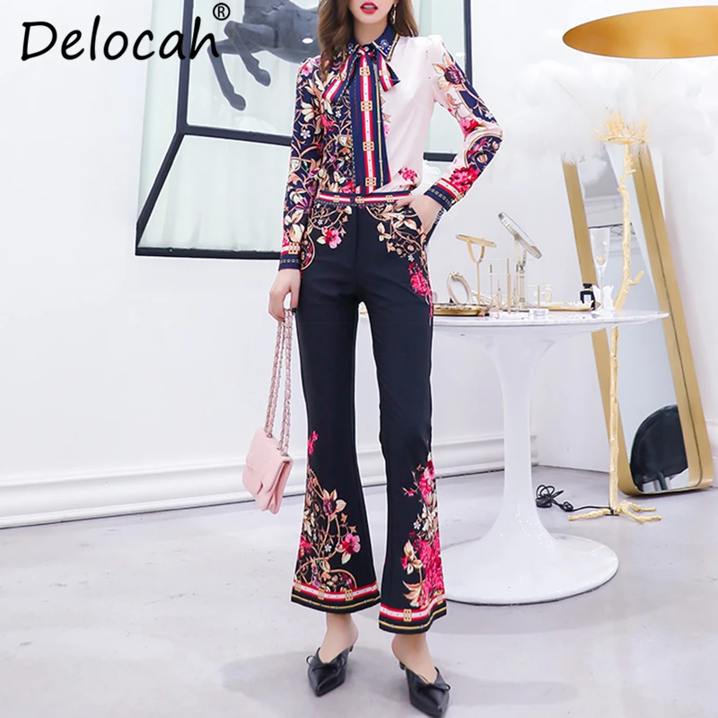 

Delocah/летний женский комплект модной дизайнерской одежды с длинным рукавом, простая рубашка с цветочным принтом и бантом + винтажные широкие ...