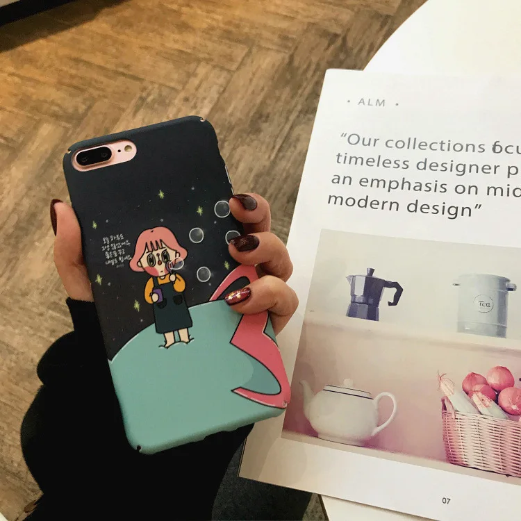 Korean Cartoon Girl Phone Case For iPhone 7 Puls 8 Hard PC Cover Funny Letter Print Couqe iphone X 6 6S Capa |