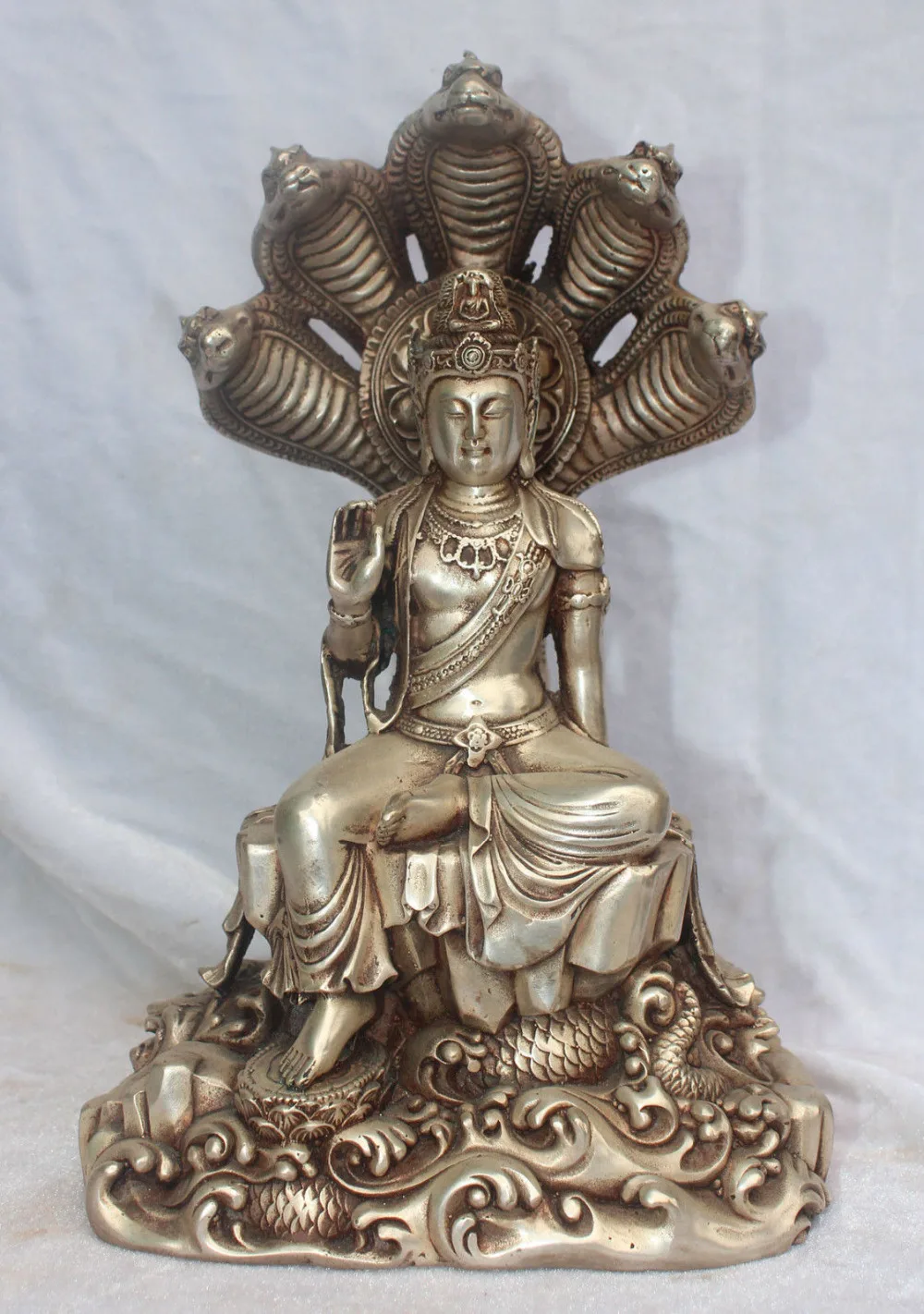 

decoration bronze factory outlets Tibet Silver 12" Tibet Buddhism Silver 5-Heads Snake Naga Kanya God Buddha Kwan-yin Statue