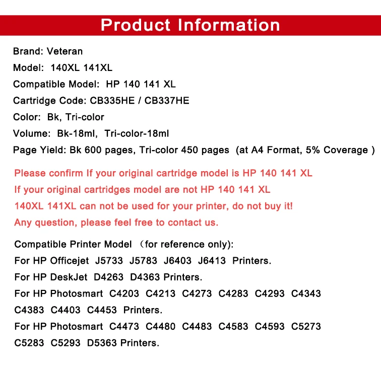 Ветеран 140XL 141XL Совместимый картридж для hp 140 141 hp140 hp141 для Photosmart C4583 C4283 C4483 C5283 D5363 принтер
