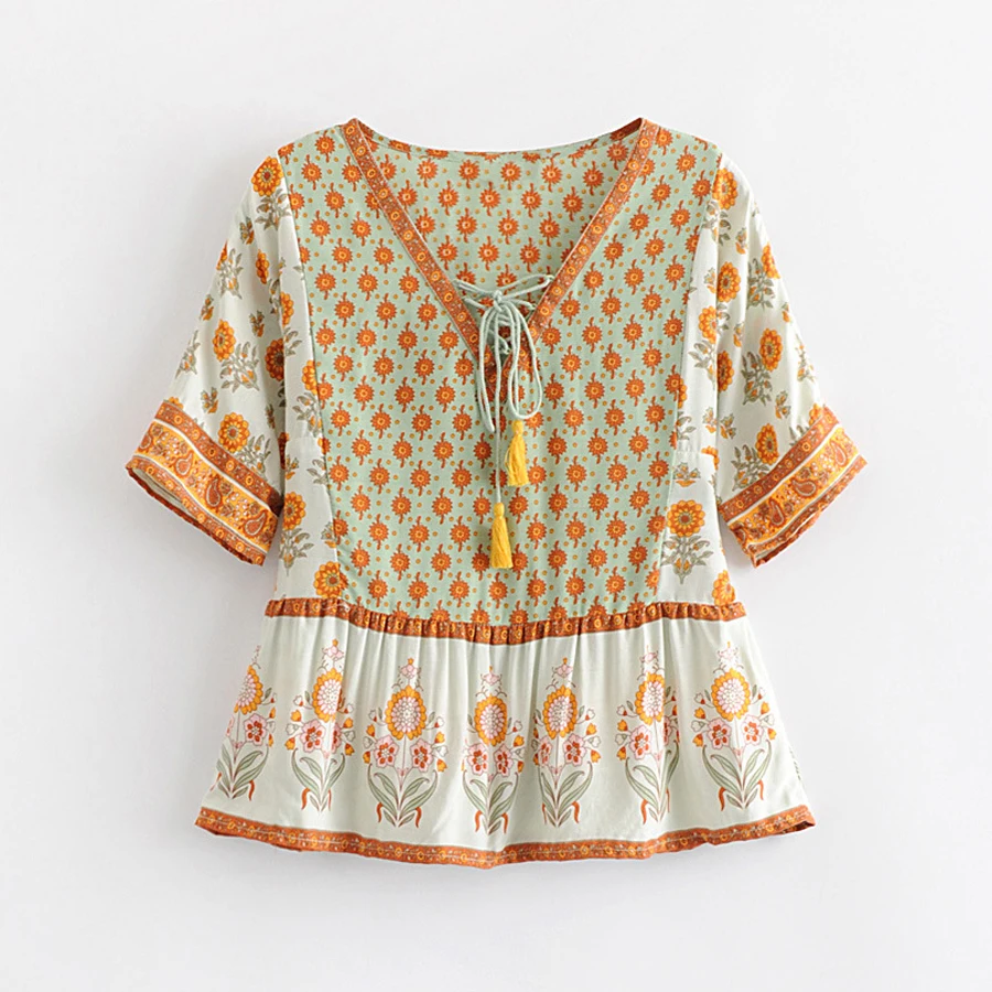 Блузка TEELYNN boho Женская летняя блузка с коротким рукавом и цветочным принтом